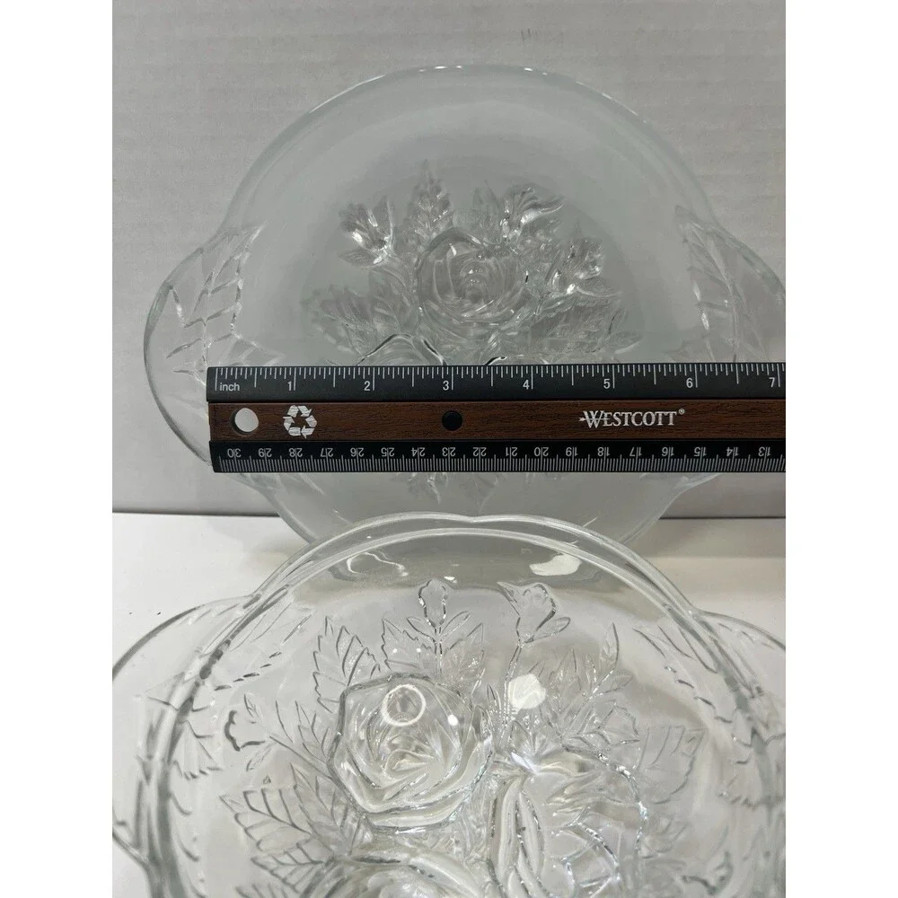 Vintage Pressed Roses Glass Candy  Dish Jar Lid 5 1/2” Underplate Frosted 8”